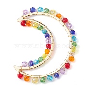 Colorful Glass Beaded Big Pendants, with Brass Finding, Crescent Moon Charms, Golden, 57x43x4mm(PALLOY-JF02428-01)