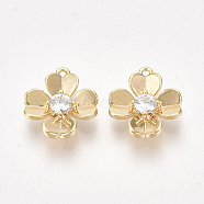Brass Cubic Zirconia Charms, Flower, Clear, Nickel Free, Real 18K Gold Plated, 11x10x2.5mm, Hole: 0.8mm(KK-S350-289)