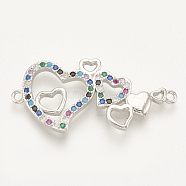 Brass Micro Pave Cubic Zirconia Links, Heart To Heart, Colorful, Platinum, 15.5x33x2.5mm, Hole: 1.5mm(ZIRC-S061-11P)