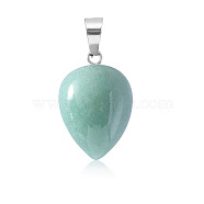 Natural Green Aventurine Pendants, Teardrop Charms with Platinum Plated Metal Snap on Bails, 26x16mm(WG38027-06)