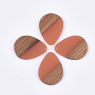 Resin & Walnut Wood Pendants, Teardrop, Coral, 36x26.5x3~4mm, Hole: 2mm(RESI-S358-95F)