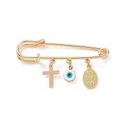 Enamel Eye Enamel Evil Eye & Cross Charms Safety Pin Brooch, Brass Sweater Shawl Clips for Waist Pants Extender Clothes Dresses Decorations, Golden, 30x50x7mm, Pin: .5mm(JEWB-BR00081)