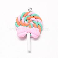 Handmade Polymer Clay Pendants, Lollipop with Bowknot, Coral, 40~53x27~30x7~9mm, Hole: 2mm(CLAY-Q240-012H)