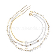 3Pcs 3 Style Brass Star Charm Necklaces Set, Natural Quartz Crystal Bullet & Chips Beaded Stackable Necklaces for Women, White, 15.31~20.39 inch(38.9~51.8cm), 1Pc/style(NJEW-JN04017)
