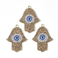 Golden Plated Alloy Pendants, with Polymer Clay Rhinestone and Resin, Hamsa Hand/Hand of Fatima/Hand of Miriam with Evil Eye, Light Topaz, 43x32.5mm, Hole: 2.5mm(RB-T013-05)