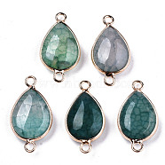 Natural Agate Links Connectors, with Light Gold Tone Brass Findings, Faceted, Teardrop Green, 27x14x6mm, Hole: 2mm(G-T131-49G)