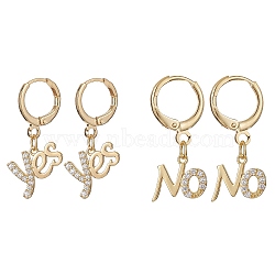 2 Pairs 2 Style Clear Cubic Zirconia Word Yes & No Dangle Leverback Earrings Sets, Brass Jewelry, Golden, 28.5x12~14mm, 1 Pair/style(EJEW-JE05272)