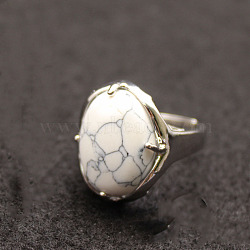Oval Natural Howlite Adjustable Ring, Platinum Alloy Jewelry for Women, Inner Diameter: 18mm(FIND-PW0021-05B)