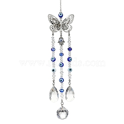 Glass & Lampwork Pendant Decorations, with Brass & Stainless Steel Findings, Butterfly & Evil Eye, Blue, 284mm(HJEW-TA00140)