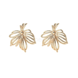 Brass Stud Earrings Finding for Women, with Loop, Leaf, Real 14K Gold Plated, 22x21.5mm, Hole: 1.2mm, Pin: 12x0.7mm(KK-A244-12G)