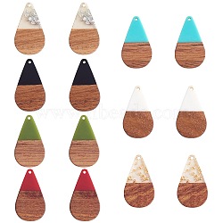 14Pcs 7 Styles Opaque Resin & Transparent Foil Resin Pendants, with Walnut Wood, Teardrop Charm, Mixed Color, 38x22x3mm, Hole: 2mm, 2pcs/style(RESI-SZ0001-81)