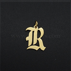 201 Stainless Steel Pendants, with Jump Ring, Old English, Letter, Laser Cut, Golden, Letter.R, 16x13x1mm, Hole: 3mm(A-STAS-R111-JA566-R)