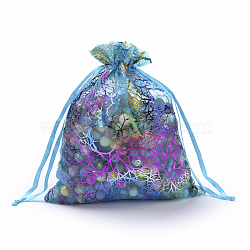Organza Gift Bags, Drawstring Bags, with Colorful Coral Pattern, Rectangle, Dark Turquoise, 20x15cm(OP-Q051-15x20-01)