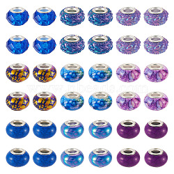 90Pcs 9 Styles Resin European Beads, Large Hole Beads, Imitation Porcelain, with Platinum Tone Brass Double Cores, Rondelle, Mixed Color, 13.5~14x8.2~9mm, Hole: 5mm, 10pcs/style(RPDL-TA0001-13)