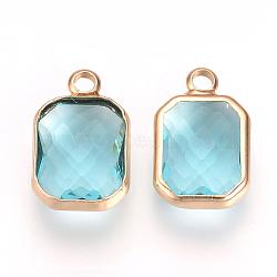 Glass Pendants, with Brass Findings, Faceted, Octagon, Deep Sky Blue, 22x13.5x6.5mm, Hole: 2.5mm(GLAA-S111-20)