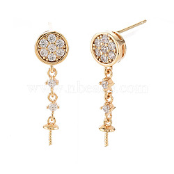 Flat Round Shape Brass Micro Pave Clear Cubic Zirconia Earring Findings, for Half Drilled Beads, Nickel Free, Real 18K Gold Plated, 24.5x7mm, Pin: 0.7mm, Pin: 0.7mm(for half drilled beads)(X-KK-S356-437-NF)