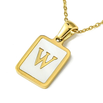 Ion Plating(IP) Rectangle with Initial Letter 304 Stainless Steel Pendant Necklace, white Shell, Real 18K Gold Plated, Letter W, 16.06 inch(40.8cm)
