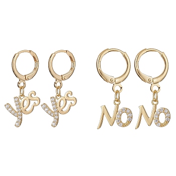 2 Pairs 2 Style Clear Cubic Zirconia Word Yes & No Dangle Leverback Earrings Sets, Brass Jewelry, Golden, 28.5x12~14mm, 1 Pair/style