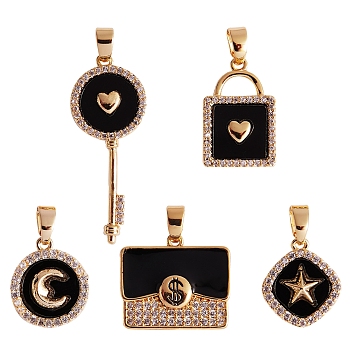 5 Style Brass Micro Pave Clear Cubic Zirconia Charms, with Enamel, Rhombus & Flat Round & Key & Lock & Lady Bags, Black, 1pc/style