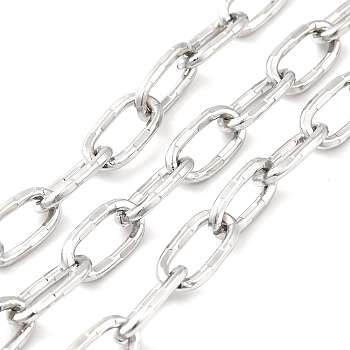 304 Stainless Steel Textured Oval Link Chains, Cable Chains, Soldered, with Spool, Stainless Steel Color, 12x6x1.5mm