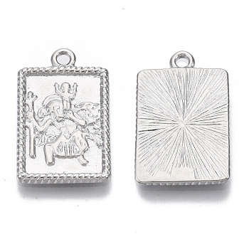 Brass Pendants, Nickel Free, Rectangle with Saint, Real Platinum Plated, 22.5x14x2mm, Hole: 1.8mm