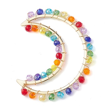 Colorful Glass Beaded Big Pendants, with Brass Finding, Crescent Moon Charms, Golden, 57x43x4mm