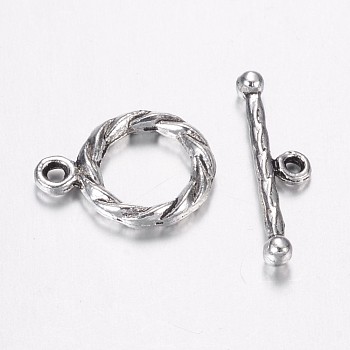 Tibetan Style Alloy Toggle Clasps, Ring, Antique Silver, Ring: 15x11x2mm, Hole: 1mm, Bar: 19x5x2.5mm, Hole: 1mm