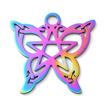 304 Stainless Steel Pendants, Butterfly with Star Charms, Rainbow Color, 40x40x1.5mm, Hole: 4.8mm