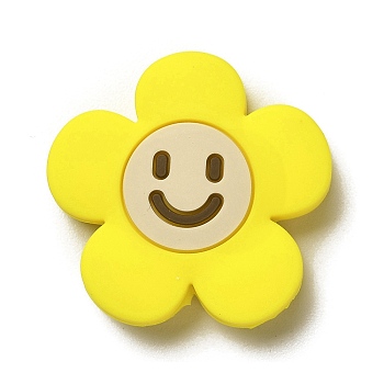 Silicone Beads, Flower with Smiling Face, Silicone Teething Beads, Yellow, 30x31x8.5mm, Hole: 3mm