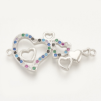 Brass Micro Pave Cubic Zirconia Links, Heart To Heart, Colorful, Platinum, 15.5x33x2.5mm, Hole: 1.5mm