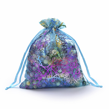 Organza Gift Bags, Drawstring Bags, with Colorful Coral Pattern, Rectangle, Dark Turquoise, 20x15cm