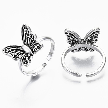 Zinc Alloy Cuff Finger Rings, Open Rings, Cadmium Free & Lead Free, Butterfly, Antique Silver, Size 10, Inner Diameter: 20mm
