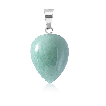 Natural Green Aventurine Pendants, Teardrop Charms with Platinum Plated Metal Snap on Bails, 26x16mm