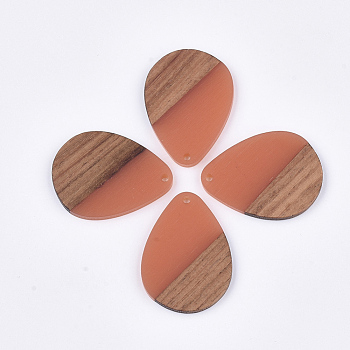 Resin & Walnut Wood Pendants, Teardrop, Coral, 36x26.5x3~4mm, Hole: 2mm