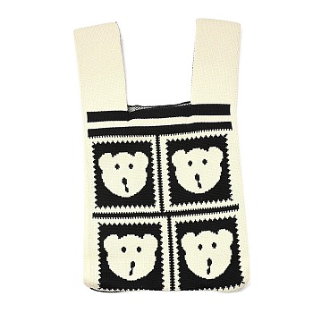 Polyester Mini Knit Tote Bags, Crochet Tote Handbag Lunch Box Bag, Bear, 35.5x19.8x2.1cm