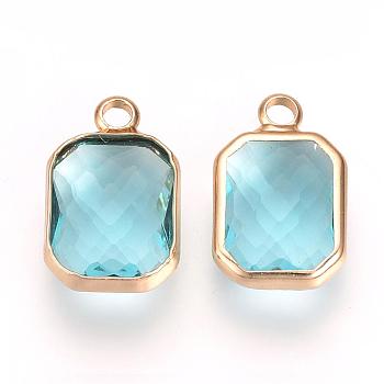 Glass Pendants, with Brass Findings, Faceted, Octagon, Deep Sky Blue, 22x13.5x6.5mm, Hole: 2.5mm