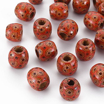 Printed Natural Wood Beads, Macrame Beads Large Hole, Barrel, Orange Red, 18x17mm, Hole: 7mm