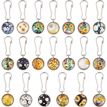 2Sets 2 Style 304 Stainless Steel Pendants Keychain, with Sunflower Glass Resin Cabochons and 201 Stainless Steel Keychain Clasps, Mixed Color, 3.9cm, 1set/style