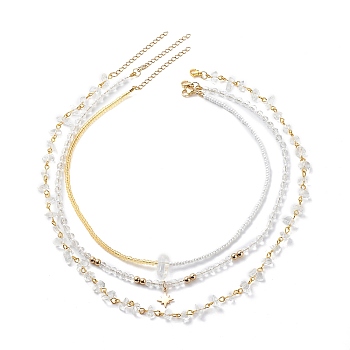 3Pcs 3 Style Brass Star Charm Necklaces Set, Natural Quartz Crystal Bullet & Chips Beaded Stackable Necklaces for Women, White, 15.31~20.39 inch(38.9~51.8cm), 1Pc/style