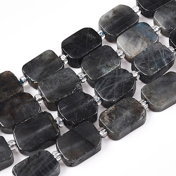 Natural Larvikite Beads Strands, with Seed Beads, Rectangle, 11~13x8~9x4~5mm, Hole: 0.8mm, about 14pcs/strand, 7.68''(19.5cm), Seed Beads: 3x3x2, Hole: 0.8mm