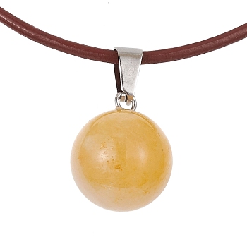 Natural Citrine Round Pendant Necklaces, with Cowhide
 Ropes, 20.47 inch(52cm)