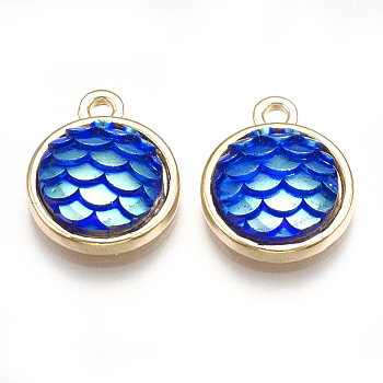 Alloy Resin Charms, Flat Round with Mermaid Fish Scale Shaped, Light Gold, Blue, 15x12x4mm, Hole: 1.8mm