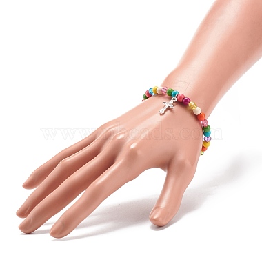 Synthetic Turquoise(Dyed) & Acrylic Beaded Stretch Bracelet with Alloy Charm for Women(BJEW-JB08627-01)-3