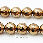 Non-magnetic Synthetic Hematite Beads Strands, PVD Vacuum Plating, Long-Lasting Plated, Faceted(128 Facets) Round, Red Copper Plated, Copper Plated, 11.5~12mm, Hole: 1mm; about 33~34pcs/strand, 15 inch(G-G092-12mm)