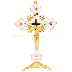 Religion Alloy Enamel Crucifix Cross Statue Display Decorations, for Home Office Desktop Decoration, Golden, White, 85x51.5x135mm(DJEW-WH0043-105D)