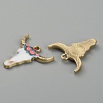 Alloy Enamel Printed Pendants, Cattle's Head Charms, Golden, Hot Pink, 21.5x20.5x2mm, Hole: 2mm(ENAM-CJC0006-65D)