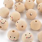 Printed Natural Wood European Beads, Large Hole Beads, Round with Smile Face, Lead Free, Undyed, PapayaWhip, 25x22~23mm, Hole: 4.5mm(WOOD-T019-13B-02)