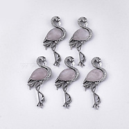 Natural Rose Quartz Brooches/Pendants, with Alloy Findings, Flamingo Shape, Antique Silver, 83.5x38x12mm, hole: 4x3mm, Pin: 0.7mm(G-S353-06F)