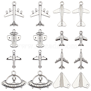 80Pcs 8 Styles Tibetan Style Alloy Pendants, Alien/ET and UFO with Words & Airplane, Antique Silver, 15.5~33.5x13.5~31x2.5~5mm, Hole: 1.5~3mm, 10pcs/style(FIND-SC0007-28)