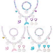 3 Sets 3 Colors Plastic Shell & Alloy Bell Pendant Necklace & Bracelet & Dangle Stud Earrings & Open Cuff Ring, Mermaid Fish & Imitation Pearl Jewelry Set for Kid, Mixed Color, 456mm, Inner Diameter: 45mm, 41mm, Inner Diameter: 14mm, 10Pcs/set(SJEW-AN0001-34)